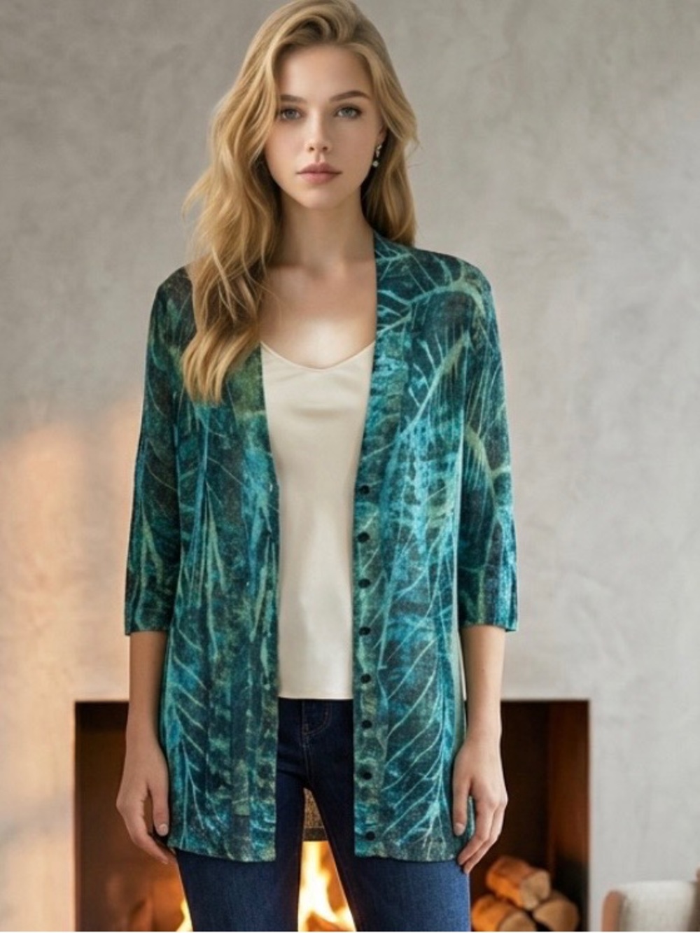 NIC + ZOE Cardigan Sweater Turquoise Green Teal Blue Long Tunic Knit Tropical